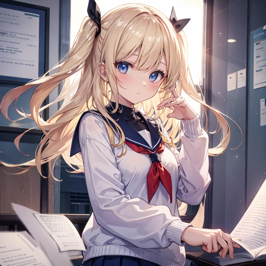 One woman((student,Embarrassing,Hand over the letter)) background,(classroom,Light shines in) Sailor suit woman holding letter,(Beige Hair,Long hair Blue eyes,avert your eyes) Anime Style,The whole person