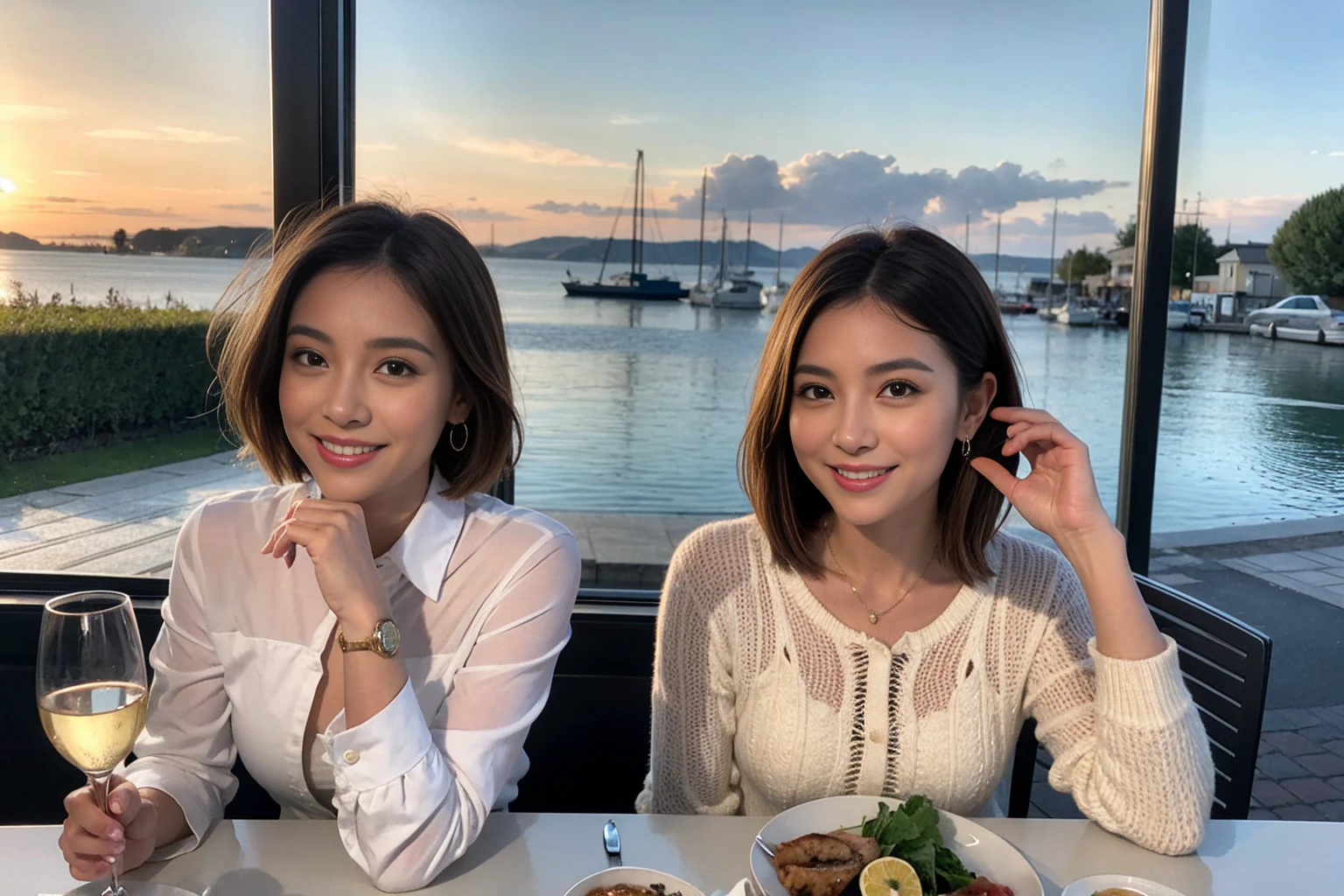 (Realistic:1.1),(masterpiece,Highest quality),8k,(40 years old), 42 years old, slimカップル、Model Couple、actress/actor、Tight waist,Upper Body,full-course dinner、wine 、Amazing view of the sunset sky and clouds、Perfect Anatomy, Brown Hair, short hair,Random Hairstyles,((Highly detailed face and eyes:1.2))(cute顔:1.4),美しいactressの顔,Perfect golden ratio face,Long sleeve shirt、dress,(smile:1.2)、Shortcuts、cute、(Realistic, Intricate details:1.2), A bright smile、short hair,Bright Face、赤wine 、Appetizers、Italian food、wine bottle、Champagne、スパークリングwine、(slimな顔), (The body is slim), (Brown Hair), (Shortcuts), Upper Body, 白wine, slim, wineグラス,