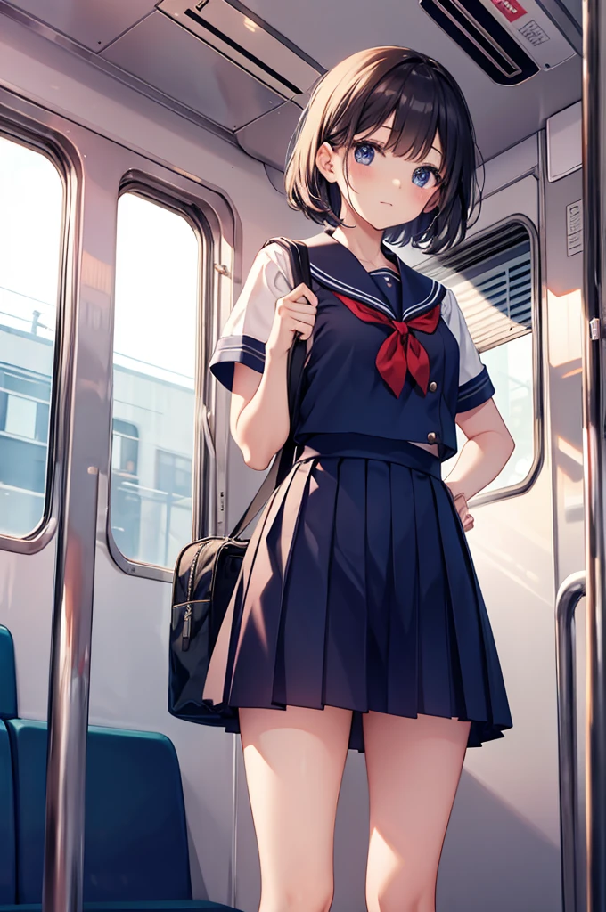 in train, sailor uniform, standing, girl