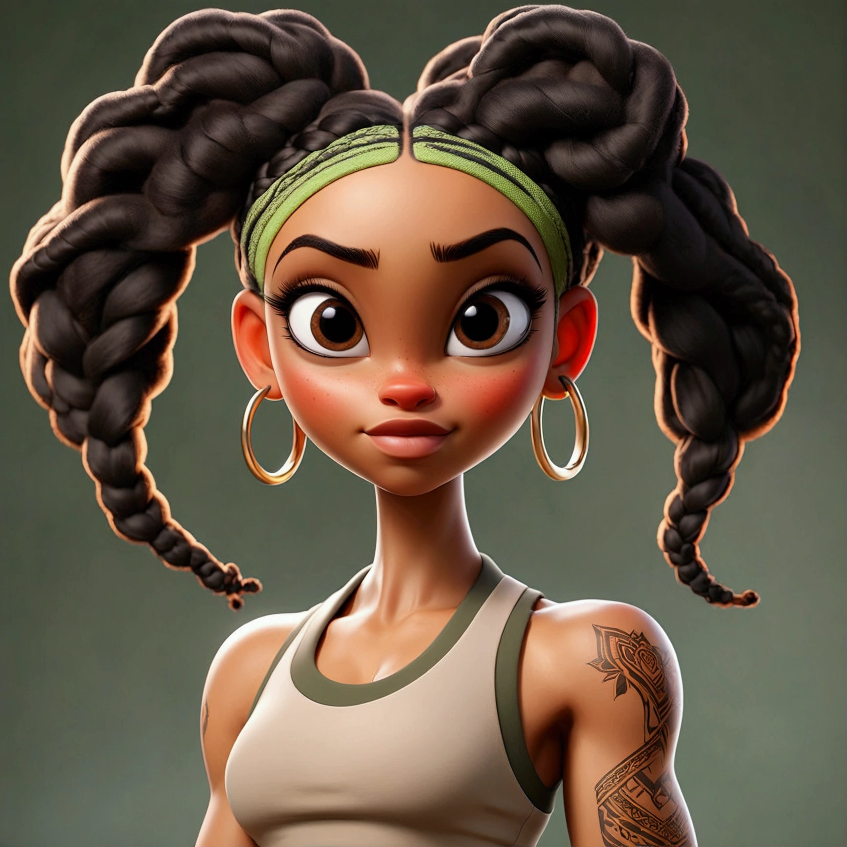 Light skin women with braids, wear yoga pants and tank top