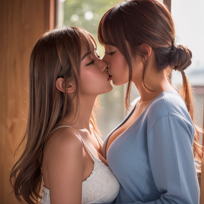 (Highest quality, 4K, 8k, High resolution, masterpiece:1.2), Very detailed, (Realistic, photoRealistic, photo-Realistic:1.37)、Two Girls、Japanese、(Hair Color：Random)、(Hairstyle：Random)、(Kissing)、Big Breasts、Photographed from the waist up