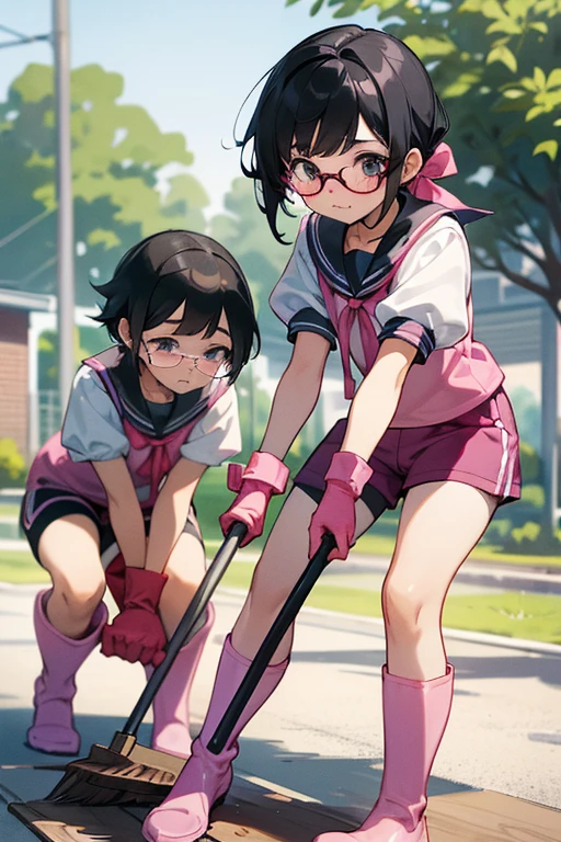 Two elementary school girls with glasses and black hair tied up, wearing short-sleeved gym clothes and shorts, wearing long pink rubber gloves and white rubber boots, are cleaning up a schoolyard in midsummer