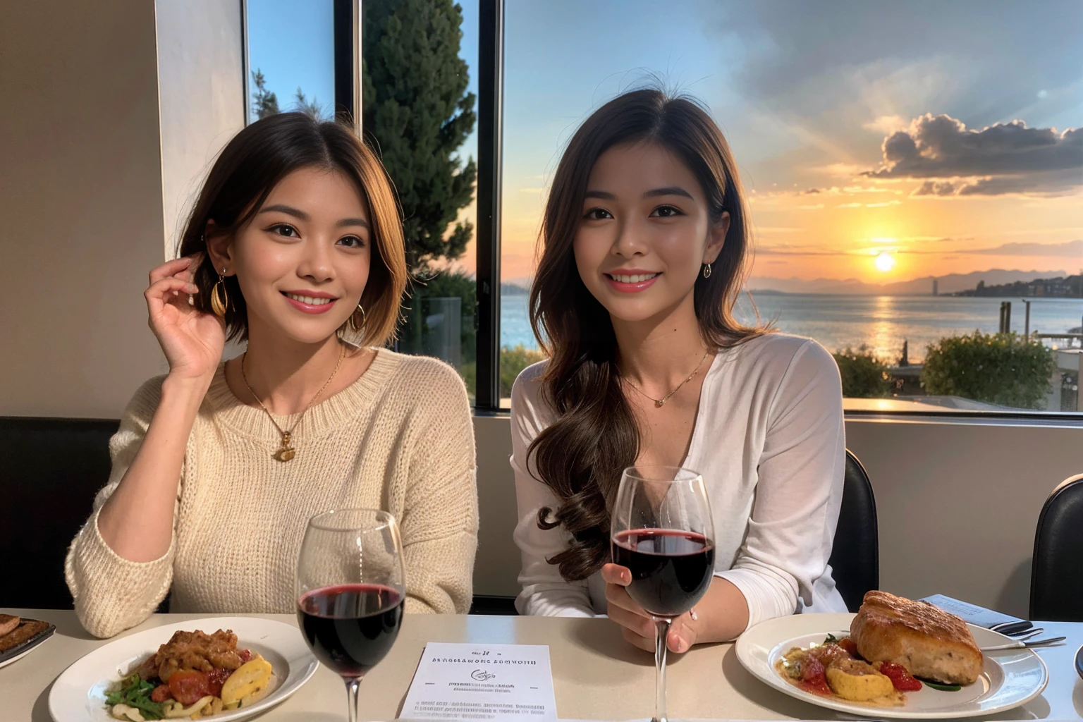 (Realistic:1.1),(masterpiece,Highest quality),8k,(49 years old), 53 years old, ベリーslimボディ、slimカップル、Tight waist,Upper Body,full-course dinner、wine 、Amazing view of the sunset sky and clouds、Perfect Anatomy, Brown Hair, short hair,Random Hairstyles,((Highly detailed face and eyes:1.2)),Perfect golden ratio face,Long sleeve shirt、dress,(smile:1.2)、Shortcuts、cute、(Realistic, Intricate details:1.2), A bright smile、short hair,Bright Face、赤wine 、Appetizers、Italian food、wine bottle、Champagne、スパークリングwine、(slimな顔), (The body is slim), (Brown Hair), (Shortcuts), Upper Body, 白wine, slim, wineグラス,