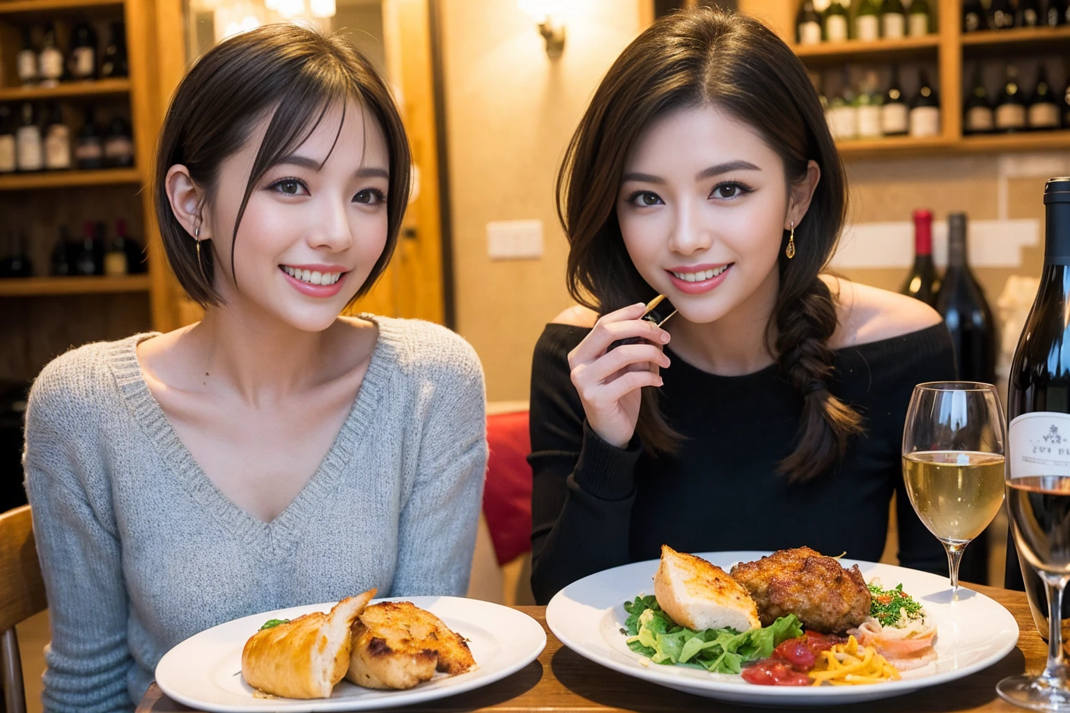 (Realistic:1.1),(masterpiece,Highest quality),8k,(49 years old), 53 years old, ベリーslimボディ、slimカップル、Tight waist,Upper Body,full-course dinner、wine 、Amazing view of the sunset sky and clouds、Perfect Anatomy, Brown Hair, short hair,Random Hairstyles,((Highly detailed face and eyes:1.2)),Perfect golden ratio face,Long sleeve shirt、dress,(smile:1.2)、Shortcuts、cute、(Realistic, Intricate details:1.2), A bright smile、short hair,Bright Face、赤wine 、Appetizers、Italian food、wine bottle、Champagne、スパークリングwine、(slimな顔), (The body is slim), (Brown Hair), (Shortcuts), Upper Body, 白wine, slim, wineグラス,
