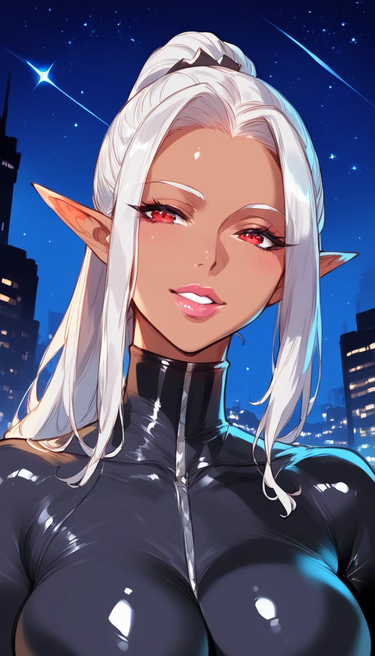 Elf Woman, upper body, ((rough sketch)), Very black and tanned skin, Beautiful silver hair, Pointy Ears, Beautiful red eyes, Thick pink lips, ponytail, Shiny black rubber suit, Beautiful body lines, Description of upper body, Lovely smile, Open your lips, 8k, night, Dark rooftop of a high-rise building, Starry Sky,