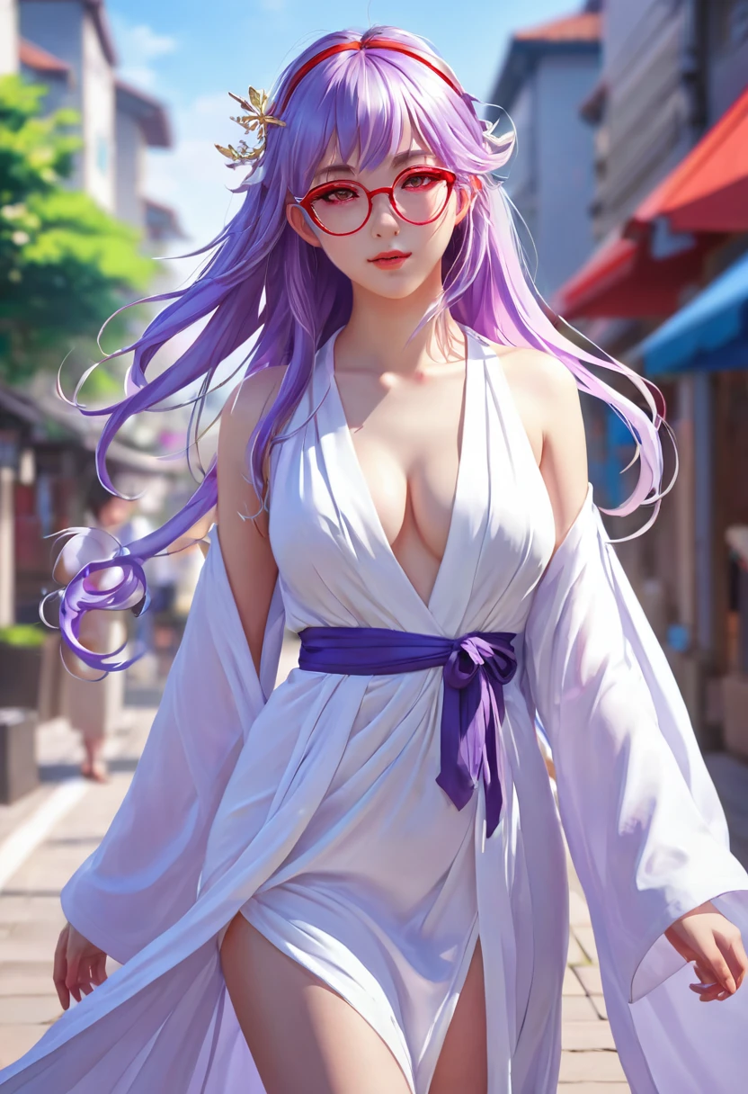 Girl with red glasses,An anime girl with purple hair in a white dress is walking down the sidewalk, Cute anime waifu in a nice dress, ((wearing a noble robe)), artstation pixivでトレンド, Flowing hair and long robes, Azur Lane Style, White-haired God, guweiz on pixiv artstation, Guweiz on ArtStation Pixiv, Full body fairy