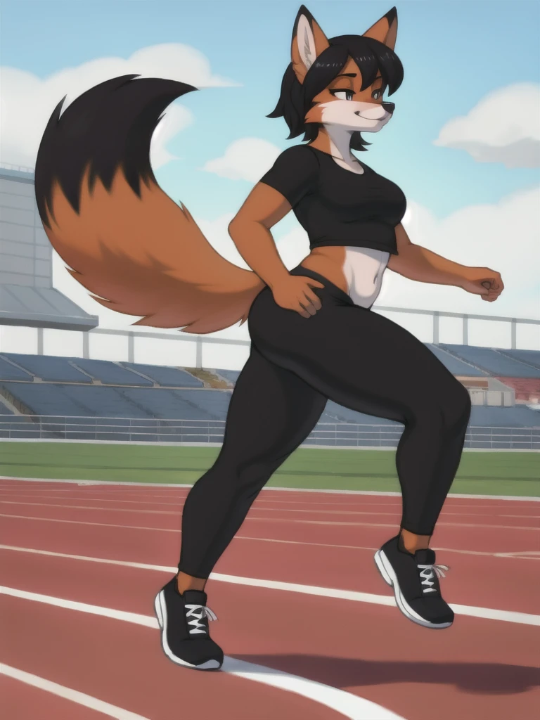 Furry, fox, female, black shirt, black leggings, shoes, running track, solo, full body