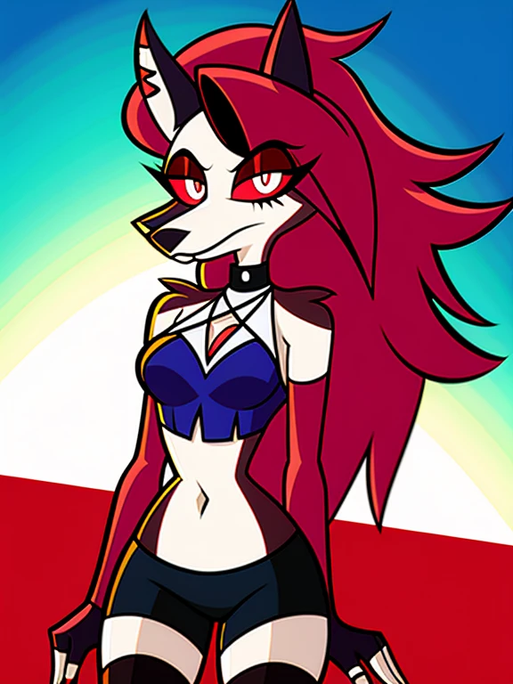 1girl, solo, red eyes, Loona, Loona \(Helluva Boss\), Anthro, furry, medium breasts, cleavage, thigh highs, fingerless gloves, Shorts, Crop top
