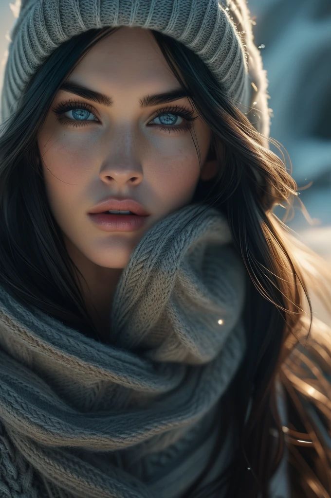 Megan Fox, portrait, ultra detailed Nordic eyes, bangs, knit sweater, winter, (((masterpiece, ultra detailed face))).