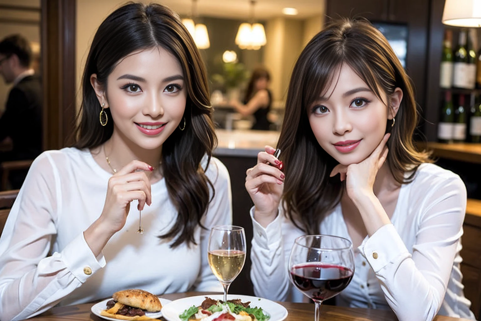 （Realistic:1.1）,(masterpiece,Highest quality)，8k,(49 years old), 53 years old, ベリーslimボディ、slimカップル、Tight waist,Upper Body,full-course dinner、wine 、Amazing view of the sunset sky and clouds、Perfect Anatomy, Brown Hair, short hair,Random Hairstyles,((Highly detailed face and eyes:1.2))，Perfect golden ratio face，Long sleeve shirt、dress,(smile:1.2)、Shortcuts、cute、(Realistic, Intricate details:1.2), A bright smile、short hair,Bright Face、赤wine 、Appetizers、Italian food、wine bottle、Champagne、スパークリングwine、(slimな顔), (The body is slim), (Brown Hair), (Shortcuts),  Upper Body, 白wine, slim, wineグラス, 