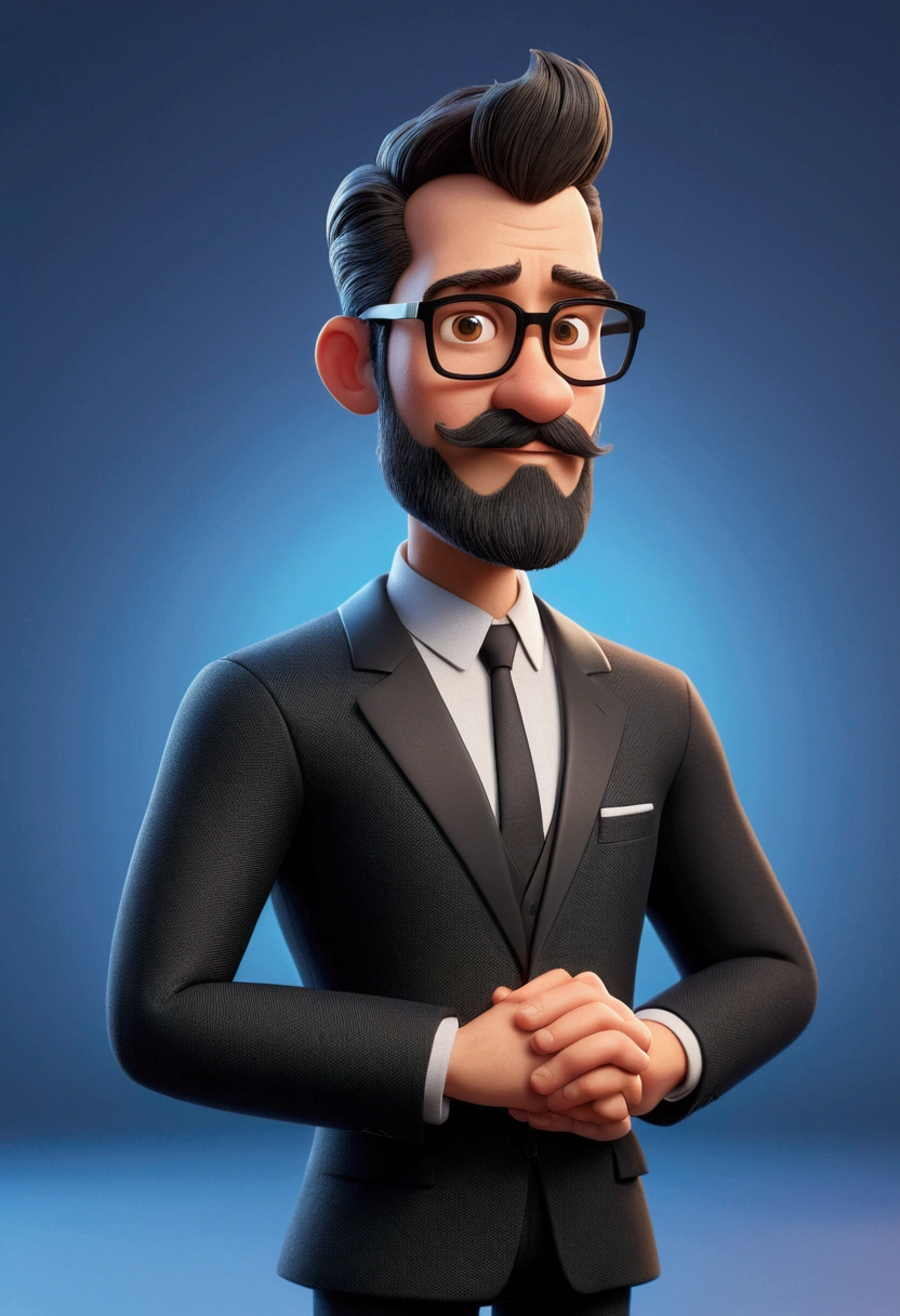 Cartoon character of a man with normal beard and mustache in black with black glasses and a grey formal suit,and , animation character, Caractere estilizado, animation style rendering, 3D estilizado, Arnold Maya render, 3 d render stylized, toon render keyshot, Personagem 3D, Personagem 3D, 3d rendering stylized, 3 d character render, personagem de desenho animado, Personagem de close up, Pose de personagem, (Estilo Pixar) (master part:1.2) (Bokeh) (best quality) (pele detalhada) (textura detalhada) (8k) (argila) (Cinematic lighting) (foco nítido