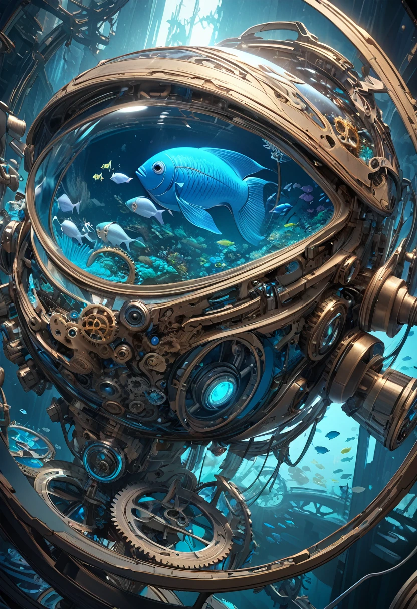( perfect anatomy ) Fish mechanical bio-patina cinematic light housing made of metal and gears is transparent(Partially transparent design allows you to see the internal mechanisms) ,bioluminescent basket fluorescent (Mechanical big fish )Dynamic close-up background of intricate ethereal mysterious creatures on the deep blue seabed, Detailed surreal science fiction art aesthetic light and shadow movie special effects high resolution image surreal texture high resolution, Digital painting,
Delicate and dynamic rendering, ultra-high quality, masterpiece, Super detailed, Best quality animation style HD high quality presentation