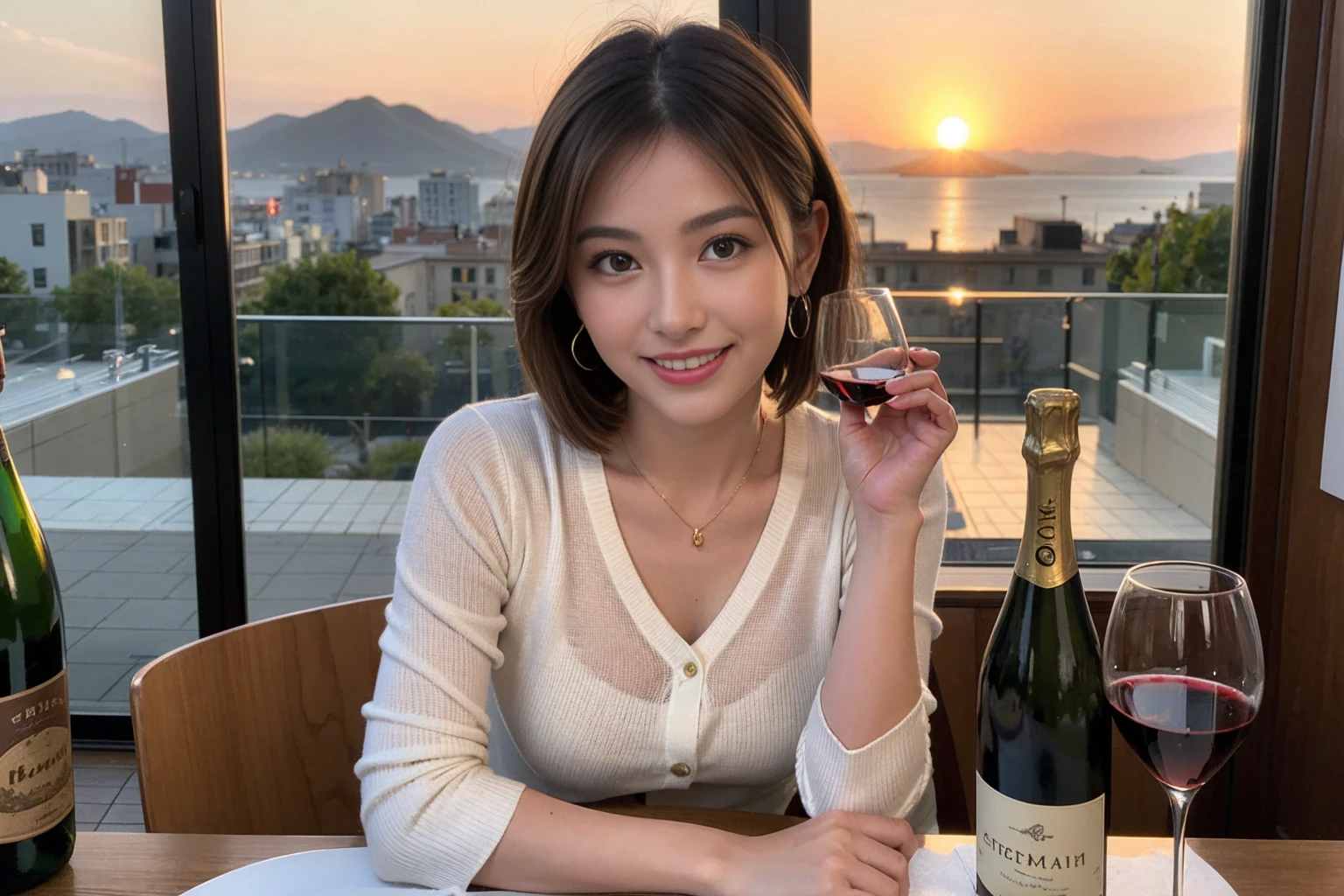(Realistic:1.1),(masterpiece,Highest quality),8k,(40 years old), 42 years old, slimカップル、Model Couple、actress/actor、Tight waist,Upper Body,full-course dinner、wine 、Amazing view of the sunset sky and clouds、Perfect Anatomy, Brown Hair, short hair,Random Hairstyles,((Highly detailed face and eyes:1.2))(cute顔:1.4),美しいactressの顔,Perfect golden ratio face,Long sleeve shirt、dress,(smile:1.2)、Shortcuts、cute、(Realistic, Intricate details:1.2), A bright smile、short hair,Bright Face、赤wine 、Appetizers、Italian food、wine bottle、Champagne、スパークリングwine、(slimな顔), (The body is slim), (Brown Hair), (Shortcuts), Upper Body, 白wine, slim, wineグラス,
