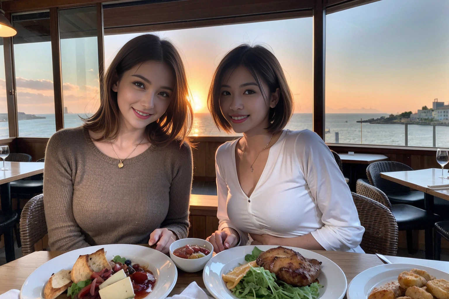 (Realistic:1.1),(masterpiece,Highest quality),8k,(40 years old), 42 years old, slimカップル、Model Couple、actress/actor、Tight waist,Upper Body,full-course dinner、wine 、Amazing view of the sunset sky and clouds、Perfect Anatomy, Brown Hair, short hair,Random Hairstyles,((Highly detailed face and eyes:1.2))(cute顔:1.4),美しいactressの顔,Perfect golden ratio face,Long sleeve shirt、dress,(smile:1.2)、Shortcuts、cute、(Realistic, Intricate details:1.2), A bright smile、short hair,Bright Face、赤wine 、Appetizers、Italian food、wine bottle、Champagne、スパークリングwine、(slimな顔), (The body is slim), (Brown Hair), (Shortcuts), Upper Body, 白wine, slim, wineグラス,