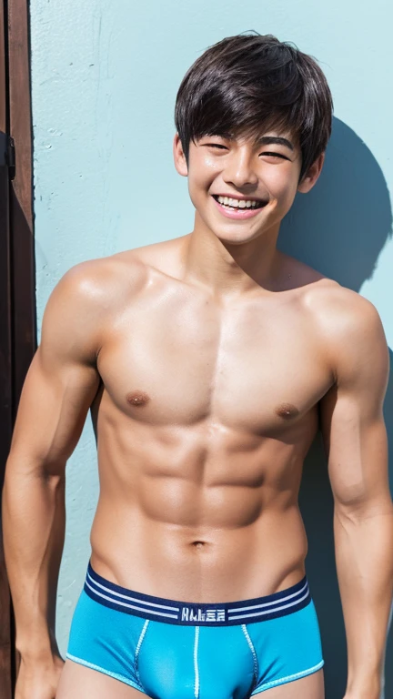 Japanese men、、Muscles and smooth skin、Swimmers、Short black hair、Relaxed and friendly smile、Metallic light blue thin boxer briefs、The whole body is visible、Laughing with your mouth open、
