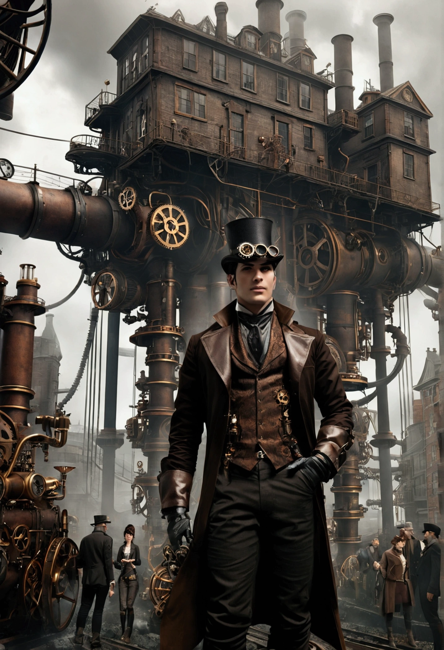 (((steampunk))),city,(((Buildings full of people))),exposed gears and pipes,(((luz outfit))),submerged soil,((gears)),((thick tubes)),covered bridge,The perspective is from the bottom up., reflecting the height of the building,dark weather,Smoking chimneys,(((mechanical devices))),((staggered wires)),crowded city,irregular buildings