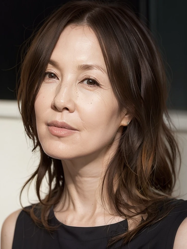 ((Highest quality)), ((8k)), ((masterpiece: 1.3)), (Perfect appearance), (Photorealism: 1.6), (JMA), (KE), (Genuine:1.4), 1 Mature Woman, Perfect Anatomy, close up portrait of face, 70 years old, Medium Long Hair, Small, (Pitch black background:1.2),