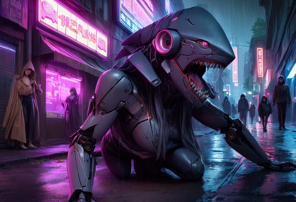 cyberpunk cyborg shark, multiple mechanical insect legs, terrorizing women on the streets of Bangkok, damsel in distress, women being eaten, highly detailed, 4k, photorealistic, cinematic lighting, gritty urban environment, neon lights, rain effects, dramatic poses, extreme tension and fear on faces, dark and moody color palette, sinister and ominous atmosphere