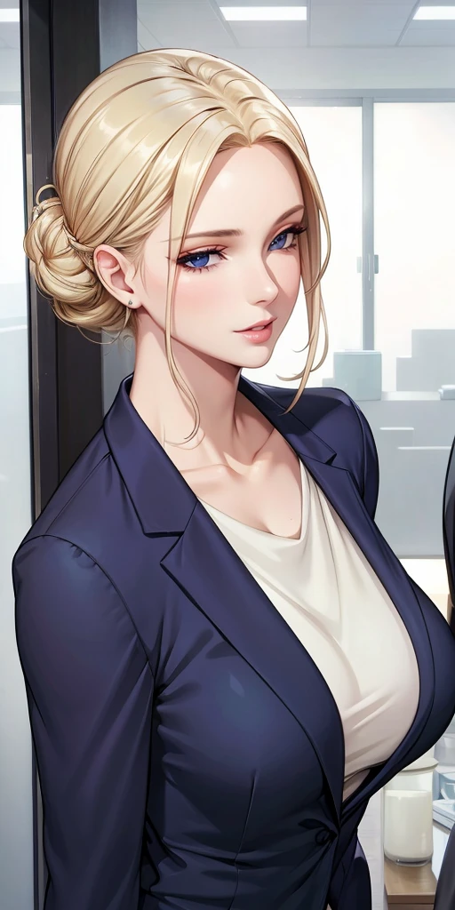 Seductive mature woman, milf, blue eyes, blonde hair, soft light, 4k resolution, high quality, beautiful cg