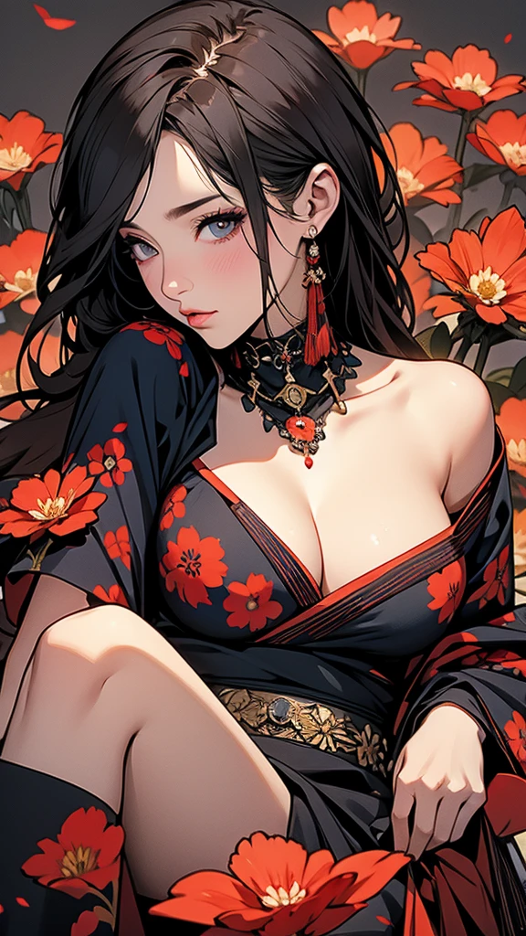 (masterpiece, High resolution, Highest quality), 20-year-old woman, Exposed cleavage, Japanese-style punk fashion:1.2, Petal Collage, And handle background, warm color, Anime Style, Simple lines, Digital Painting,