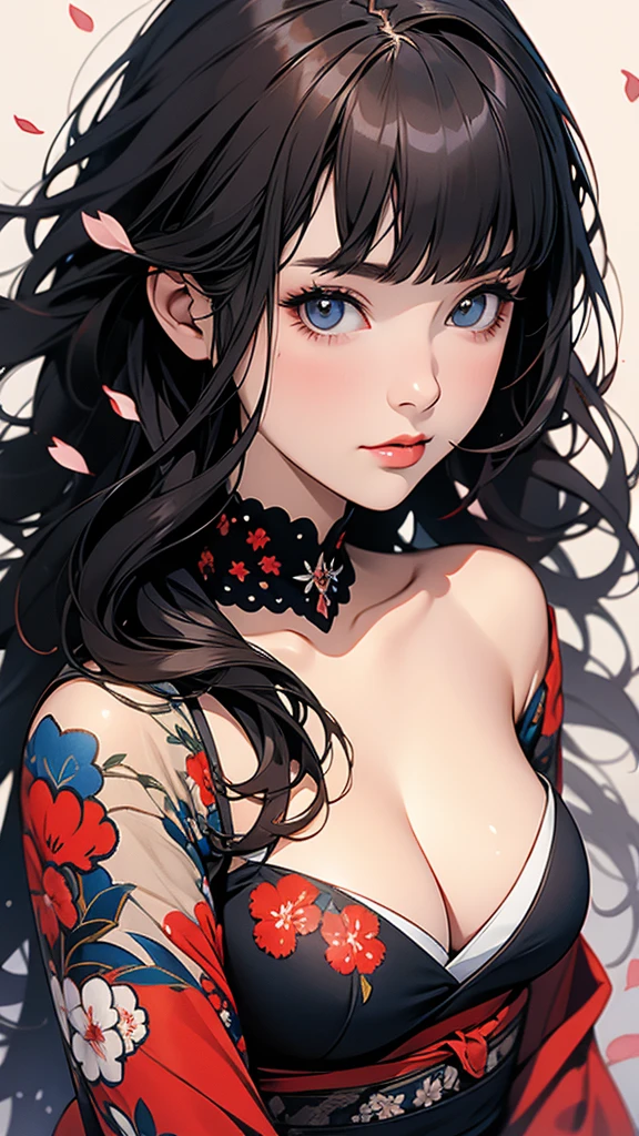 (masterpiece, High resolution, Highest quality), 20-year-old woman, Exposed cleavage, Japanese-style punk fashion:1.2, Petal Collage, And handle background, warm color, Anime Style, Simple lines, Digital Painting,