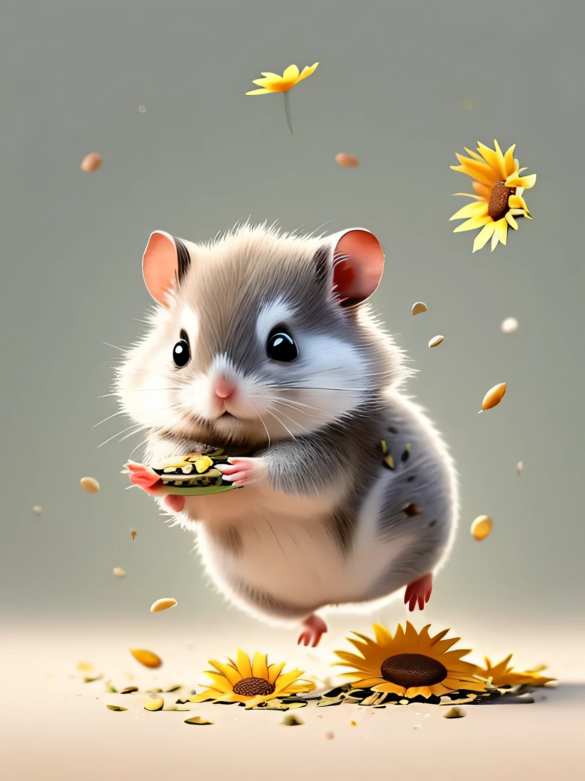 An illustration of a grey hamster running happily sideways on a running wheel。Simple sunflower seeds are scattered in the background.。Please generate it with an illustration-like touch.。