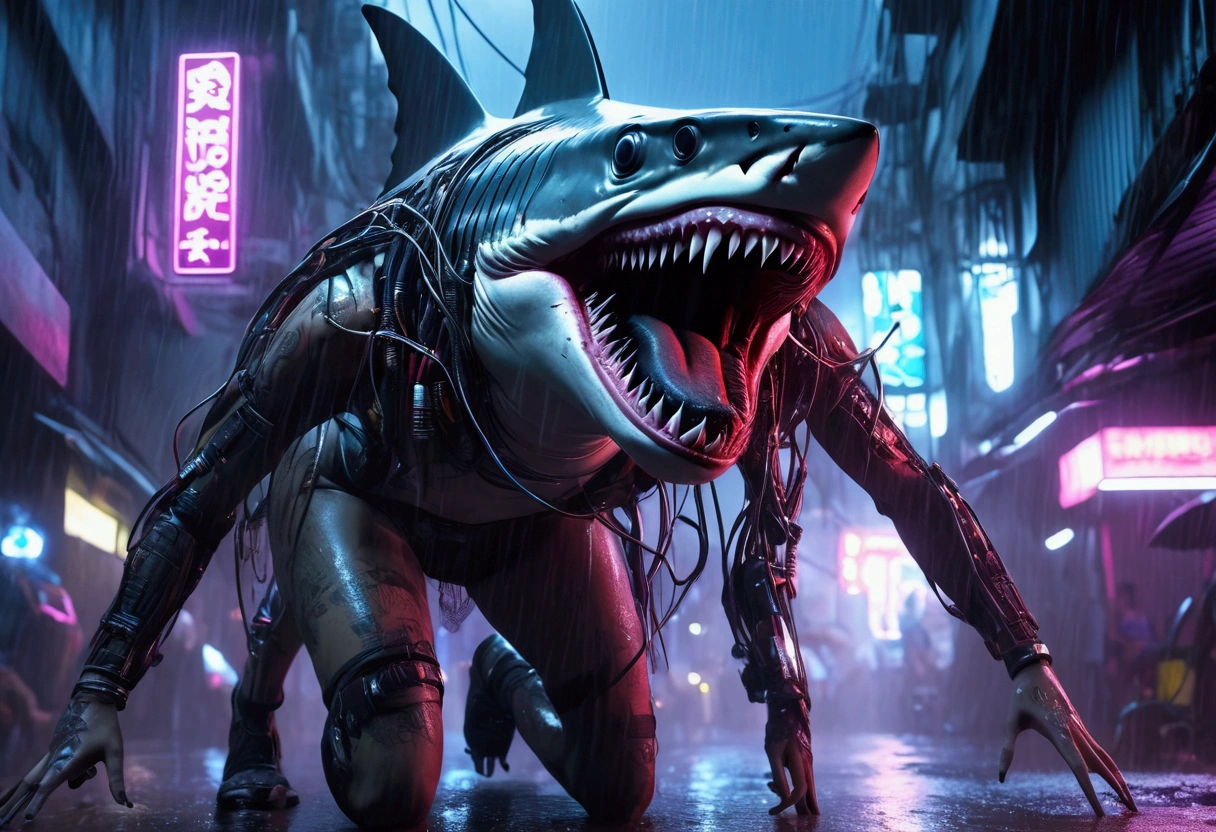 cyberpunk cyborg shark, multiple mechanical insect legs, terrorizing women on the streets of Bangkok, damsel in distress, women being eaten, highly detailed, 4k, photorealistic, cinematic lighting, gritty urban environment, neon lights, rain effects, dramatic poses, extreme tension and fear on faces, dark and moody color palette, sinister and ominous atmosphere