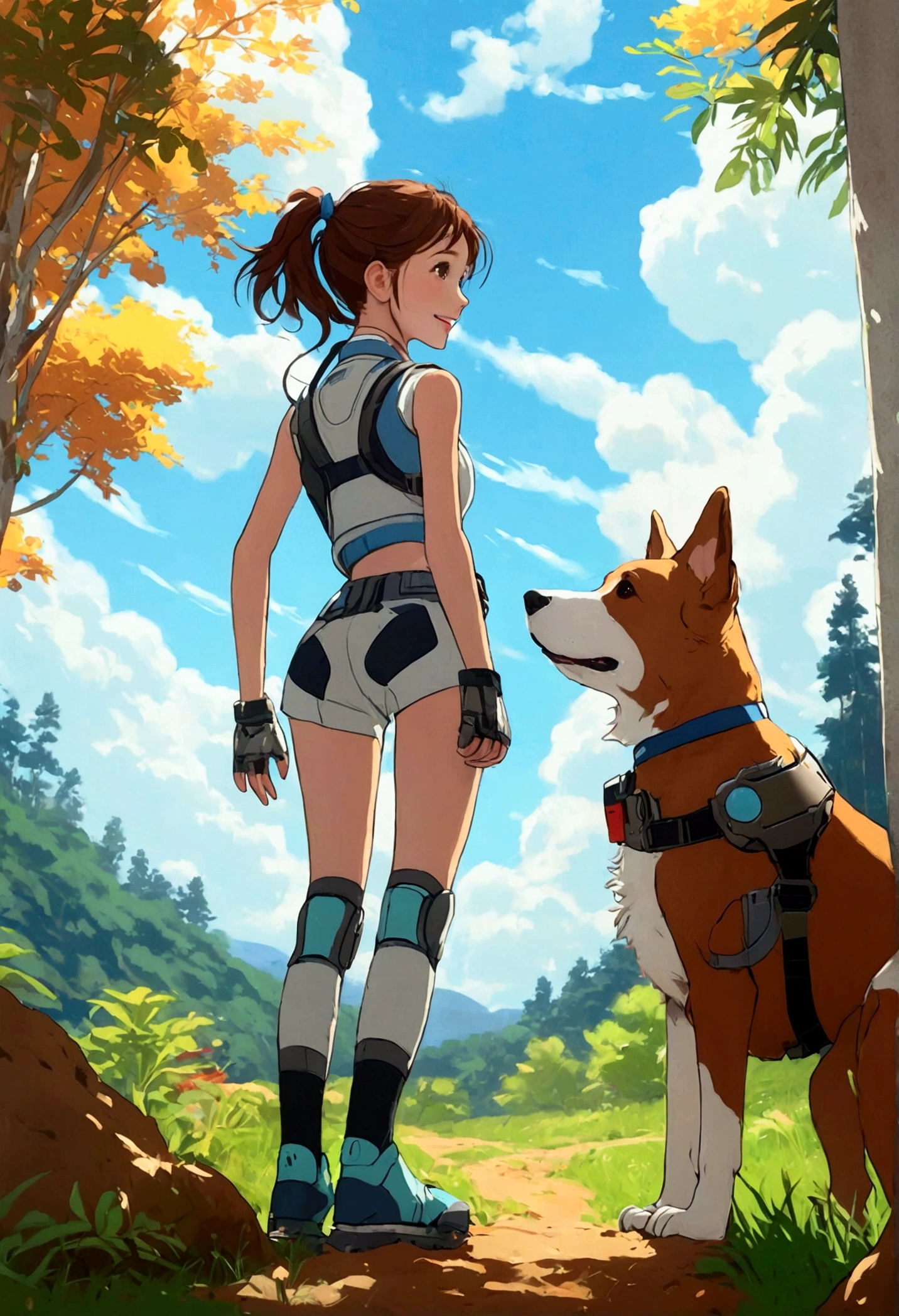 A girl with mechanically blended legs and a pet dog with mechanically blended legs_mechanical arms, mechanical legs, machines, through a vast and beautiful landscape, surrounded by lush nature, extremely low angle waist-up shot_view from below, radiant smile, delicate details, brown short hair_ponytail style, pale skin, (Best Quality, 4K, 8K, High Resolution, Masterpiece: 1.2), highly detailed, (Realistic: 1.37), official art, amazing, serene, inspiring, dramatic lighting, forest, (clear day_blue sky, cumulus clouds), natural beauty,