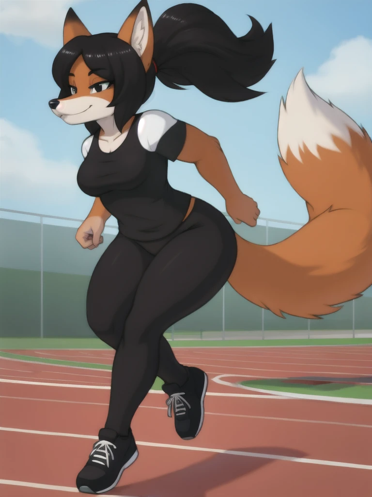 Furry, fox, female, black shirt, black leggings, shoes, running track, solo, full body