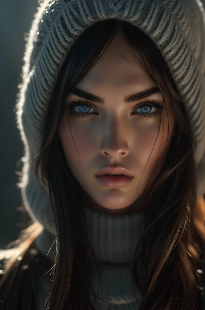 Megan Fox, portrait, ultra detailed Nordic eyes, bangs, knit sweater, winter, (((masterpiece, ultra detailed face))).