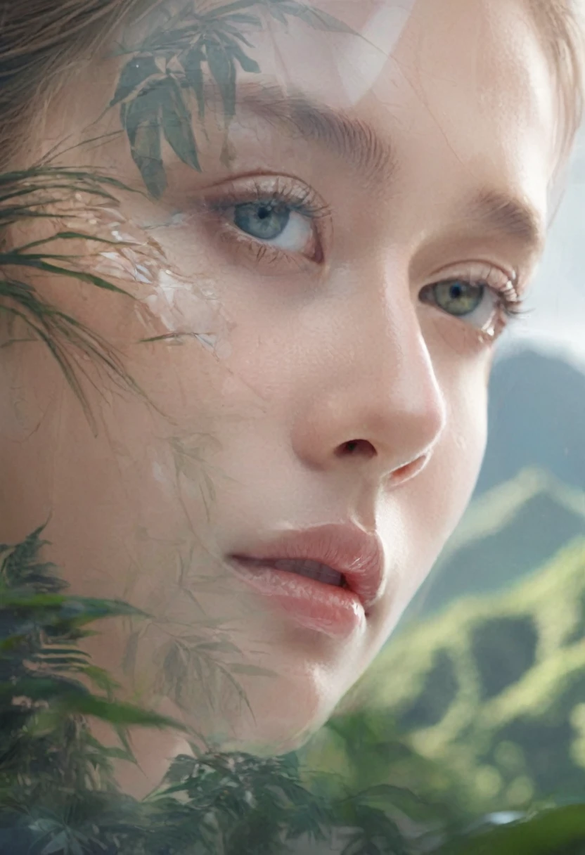 a closeup detailed side view transparent portrait of a woman with beautiful eyes, should be side view, detailed lips, and long eyelashes, surrounded by lush jungle mountains in the foreground, multiple exposure effect, complex surrealist style illustration, surreal dreamlike atmosphere, cinematic lighting, highly detailed, hyper realistic, 8k, masterpiece, Dubrec style,Girl transparent face close-up,Beautiful close-up of face,Jungle Mountains image foreground (multiple exposure:1.8),Complex illustrations in surrealist art style,Surreal dreams