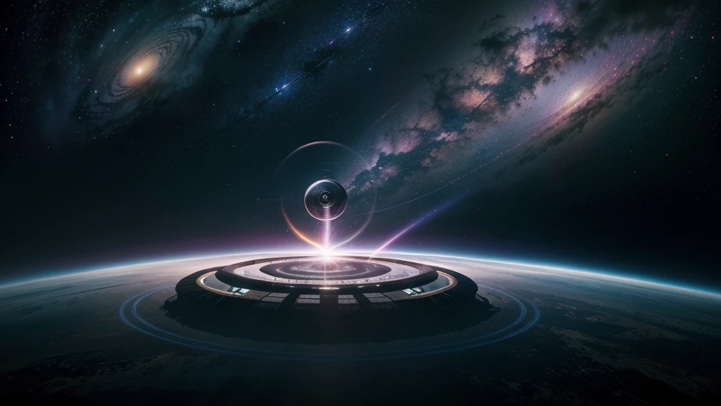 Sci-fi conceptual art, spiral Ying and Yang forces are core balancing factor of the world, wormhole, flying vehicle flying through, vivid colorful cosmos as background.