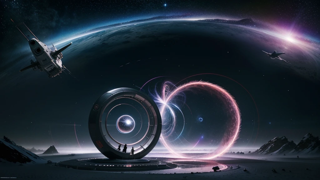 Sci-fi conceptual art, spiral Ying and Yang forces are core balancing factor of the world, wormhole, flying vehicle flying through, vivid colorful cosmos as background.