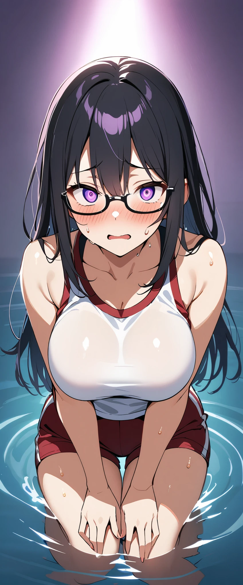 (Highest quality),(masterpiece), 8k,Very detailed, Detailed light, Best Shadow,Detailed reflective eyes, Very detailedな顔,Shiny Hair,Big Breasts,(1 girl:1.2),woman,Gloss,Black Hair,Embarrassed,blush,(Hollow Eyes:1.2),(Condescending:1.2),Crazy Eyes,4fingers and 1thumbs,Beautiful fingers,Beautiful Hands,whole body,Tank top,Shorts,Black-rimmed glasses,Purple eyes,Cool,Glossの無い目,(Eye power:1.2),(脇Sweat:1.2),(Sweat:1.4),(training wear:1.2),(Soaking wet:1.2),