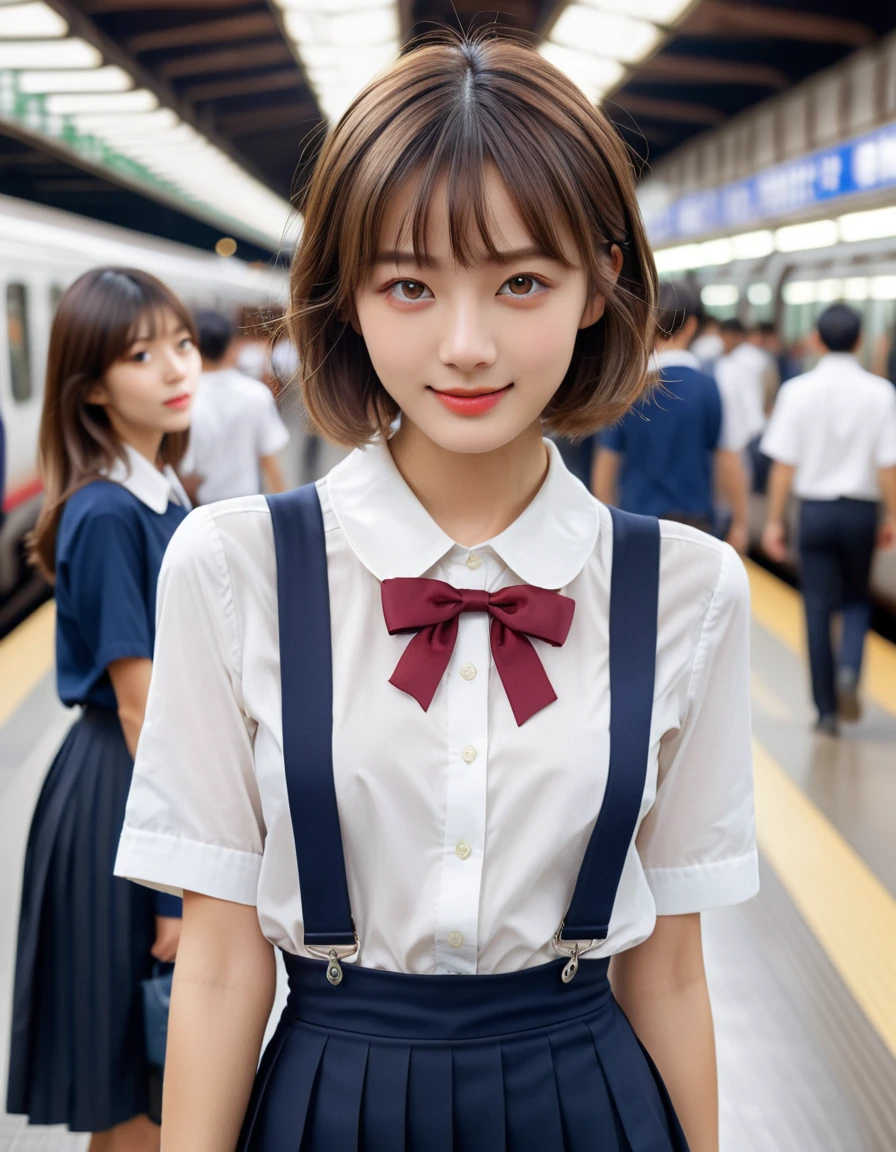 masterpiece, 1girl in 1photo, a cowboy shot, a front view, a young pretty girl in Japan, 18 years old, waiting a train on a platform in a crowded station, a big smile, glamorous figure, wearing a short sleeve shiny silk white shirt with white collar, a shiny red satin plain bow tie, wearing a long length dark blue pleated skirt, a school bag on her shoulder, super cute face, glossy lips, double eyelids for both eyes, natural makeup, long eyelashes, shiny smooth light brown hair of long bob hairstyle, asymmetrical bangs, tanned skin, center image, 8K resolution, high resolution, detailed hairstyle, detailed face, spectacular movie lighting, octane rendering, vibrant, hyper realistic, perfect limbs, perfect anatomy