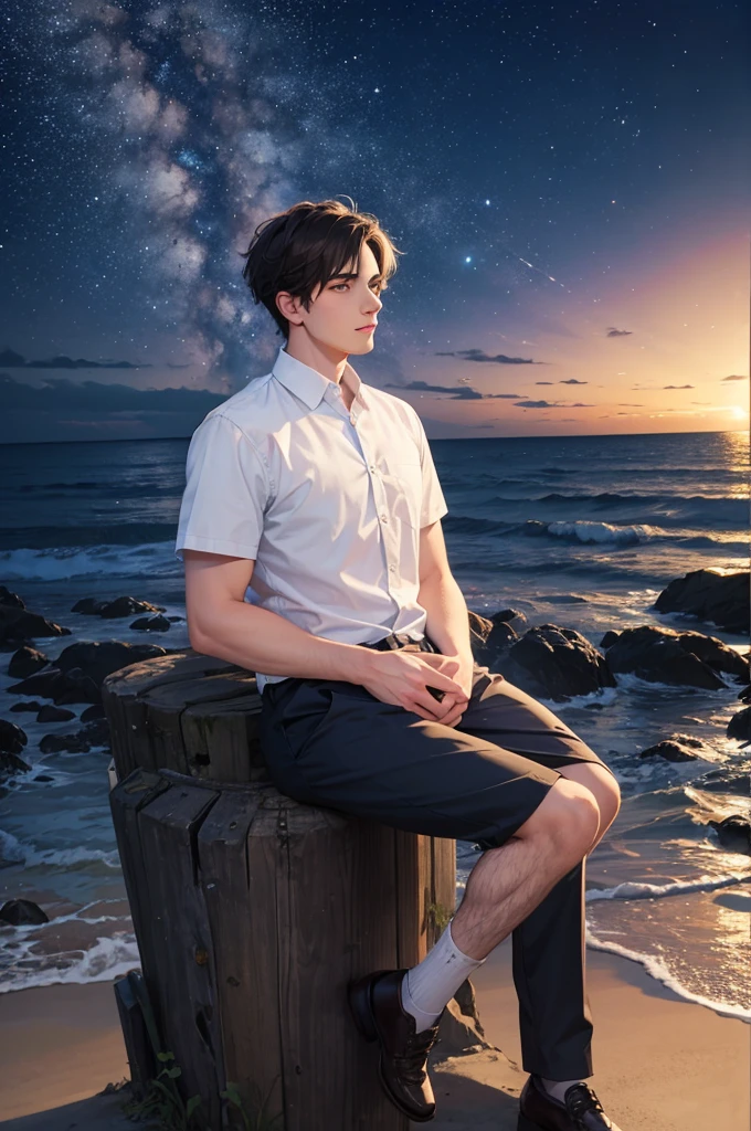 24 year old man looking at the horizon at night