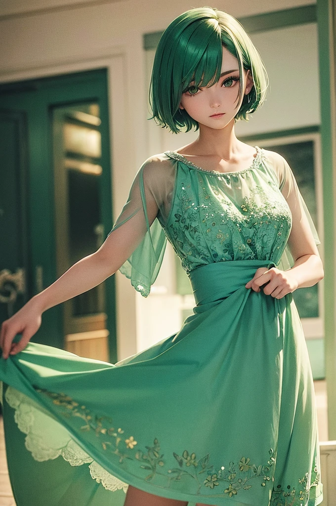 Green Hair　Short Hair　Green Eyes　Beauty　Blue floral dress　beautiful　refreshing