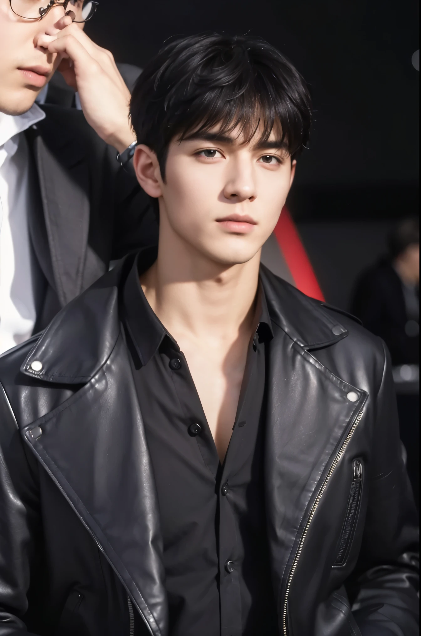 4k, high resolution, best quality, masterpiece, perfect color, perfect shade, perfect lighting, Posted by e621, ((portrait)), ((handsome man)), perfect male figure, Short hair details,Detailed face, perfect face, (stood up), Detailed background, ((Bonifasco Lighting)),black hair, wearing black leather jacket, purple eyes,