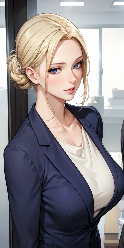 Seductive mature woman, milf, blue eyes, blonde hair, soft light, 4k resolution, high quality, beautiful cg