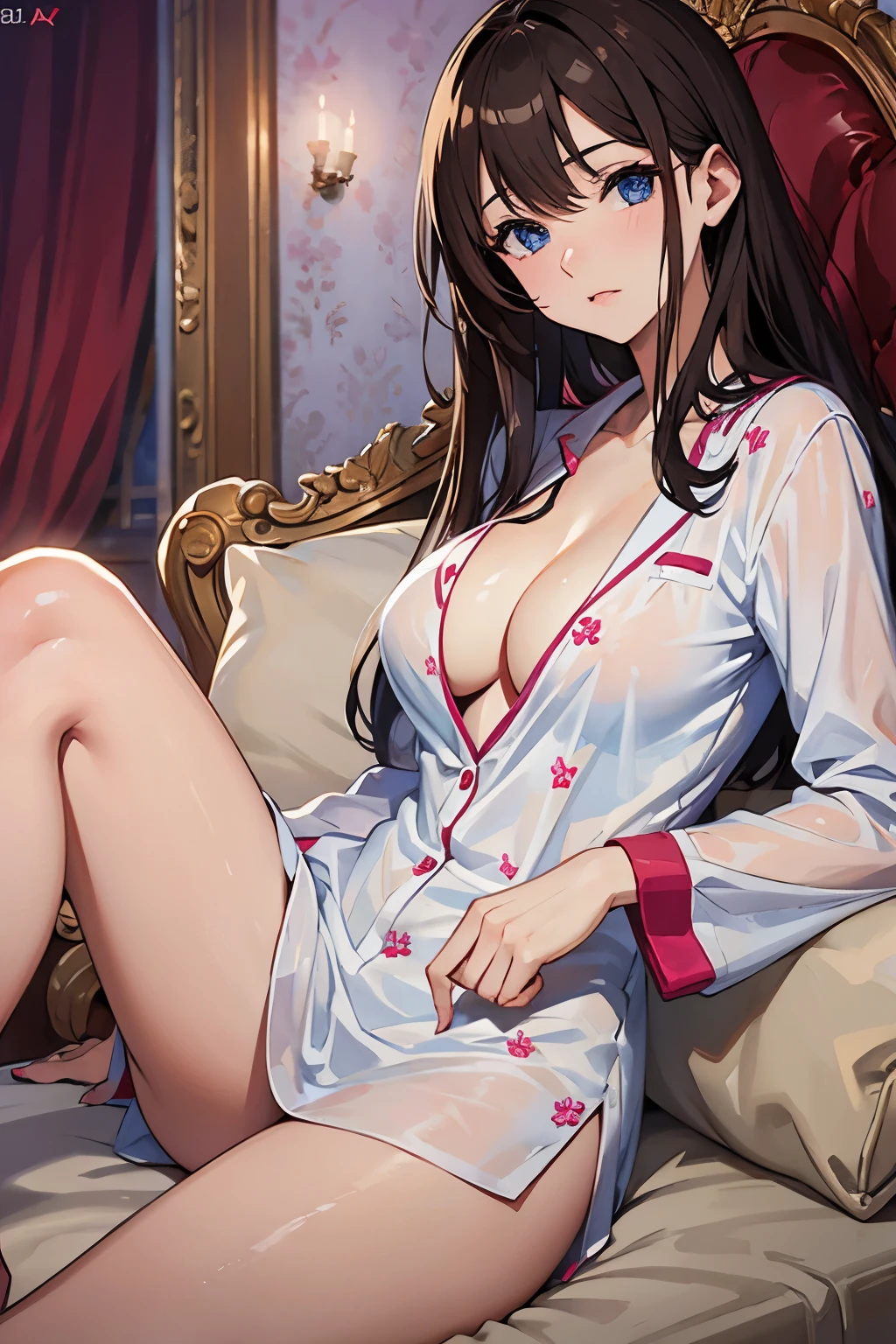 1girl, mature women,perfect ,black hair, long hair, (hair over one eye:1.4), messy hair, hair between eyes,sexy body, saggy breast, flower motif pajama, innocent shy blush on , bedroom 