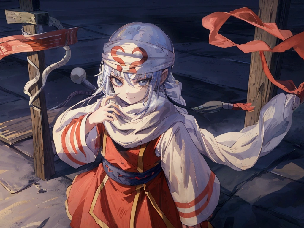 child standing bandana on forehead cowl kyoukai sweet child guarding small room sentry cowboy shot evil smile