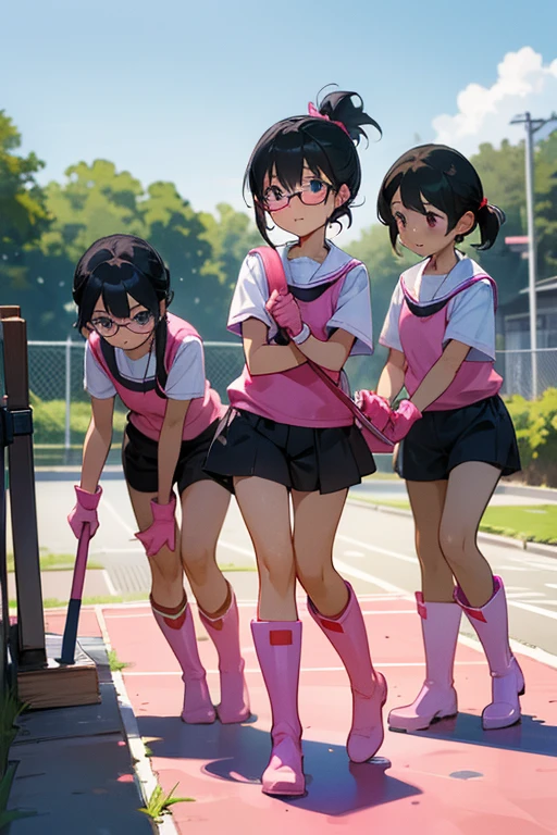 Three elementary school girls with glasses and black hair tied up, wearing short-sleeved gym clothes and shorts, wearing long pink rubber gloves and white rubber boots, are cleaning up a schoolyard in midsummer.