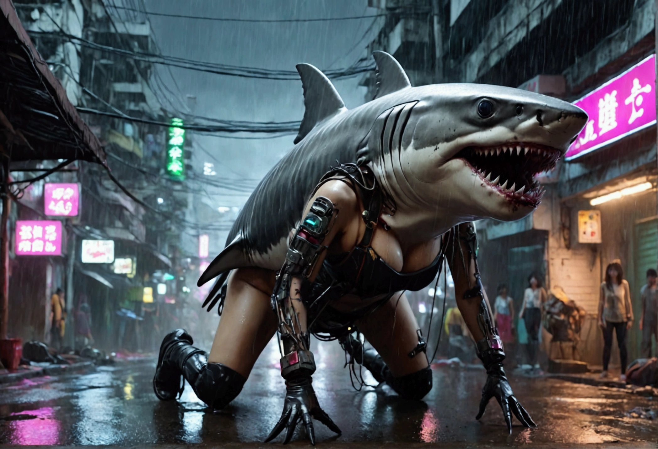 cyberpunk cyborg shark, multiple mechanical insect legs, terrorizing women on the streets of Bangkok, damsel in distress, women being eaten, highly detailed, 4k, photorealistic, cinematic lighting, gritty urban environment, neon lights, rain effects, dramatic poses, extreme tension and fear on faces, dark and moody color palette, sinister and ominous atmosphere