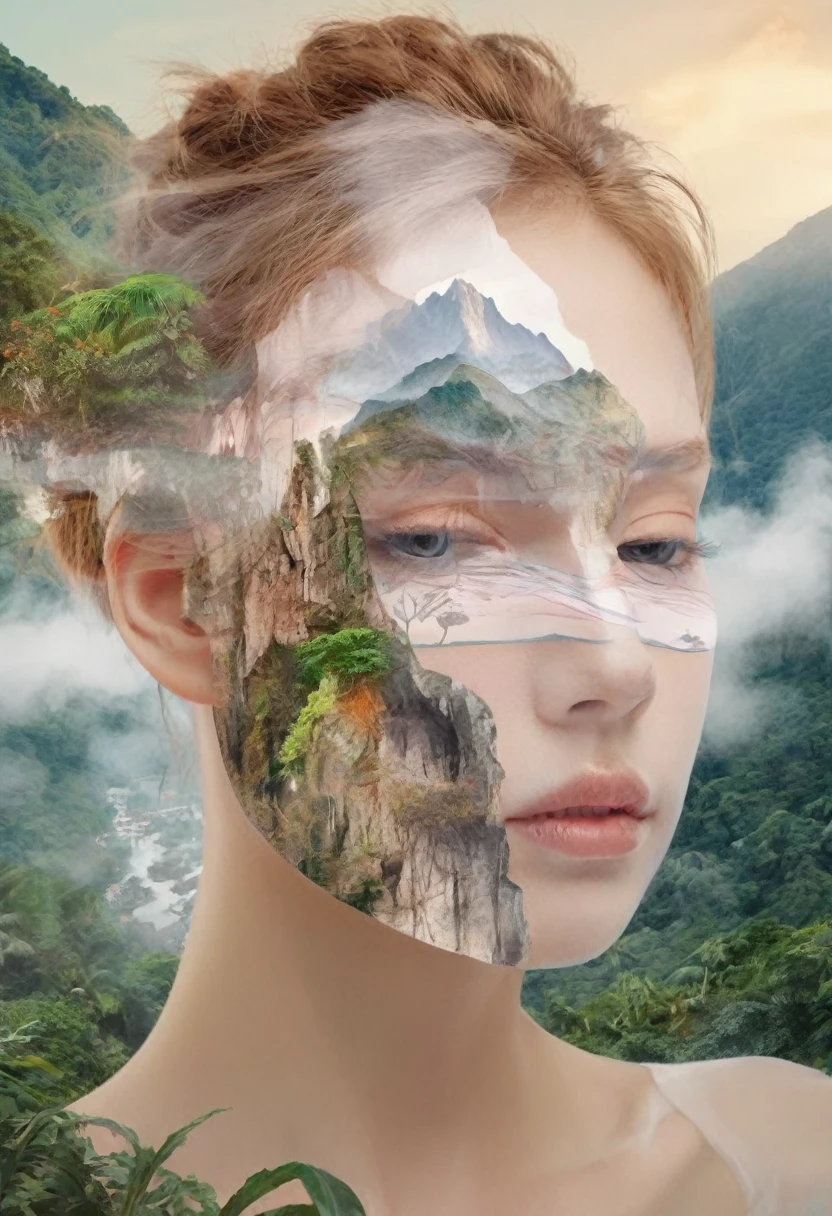 Dubrec style，Girl transparent face close-up，Beautiful close-up of face，Jungle Mountains image foreground (multiple exposure：1.8），Complex illustrations in surrealist art style，Surreal dreams
