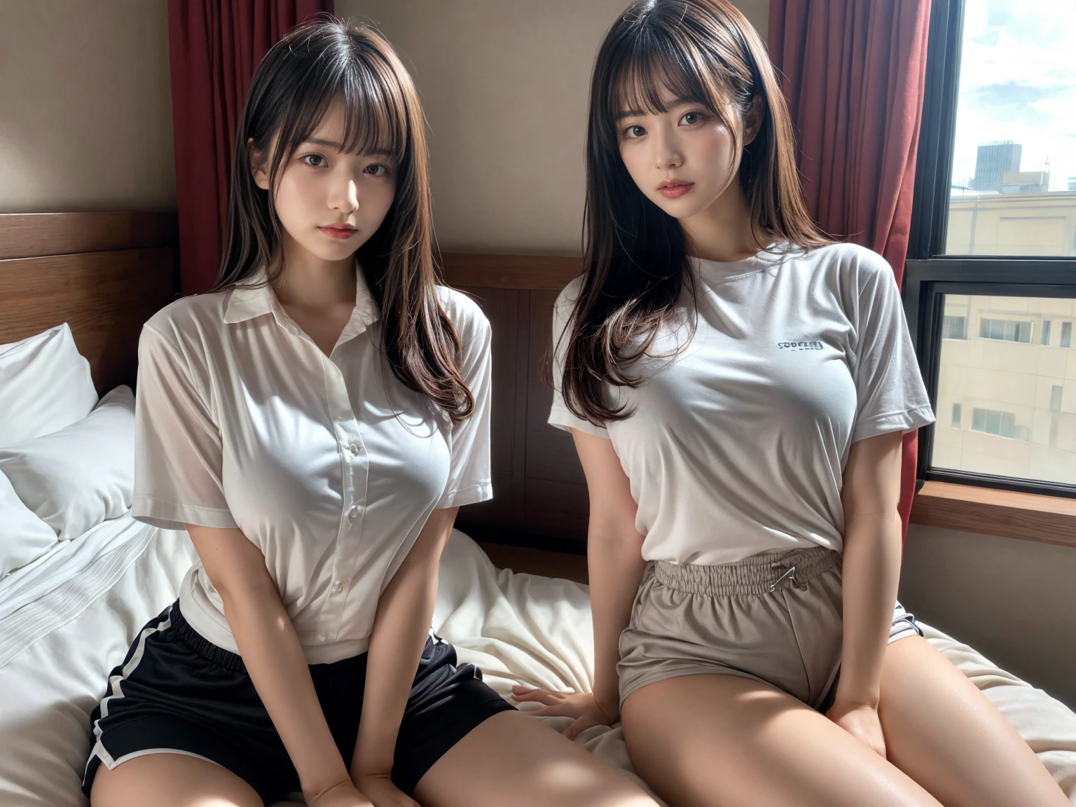 masterpiece, best quality, illustration, Super detailed, fine details, High resolution, 8K,wall paper, perfect dynamic composition,(Details High quality, realistic depiction of eyes:1.3), (2 girls), oversized sport shirt, shorts women, sitting, open legs, short bob hair, in a hotel room in the background, deep on field, large breasts, black hair color, Big Natural Color Lip, (perfect body shape), crying a little、Harajuku style、20 year old girl、cute type、beautiful legs, Gravure Idol