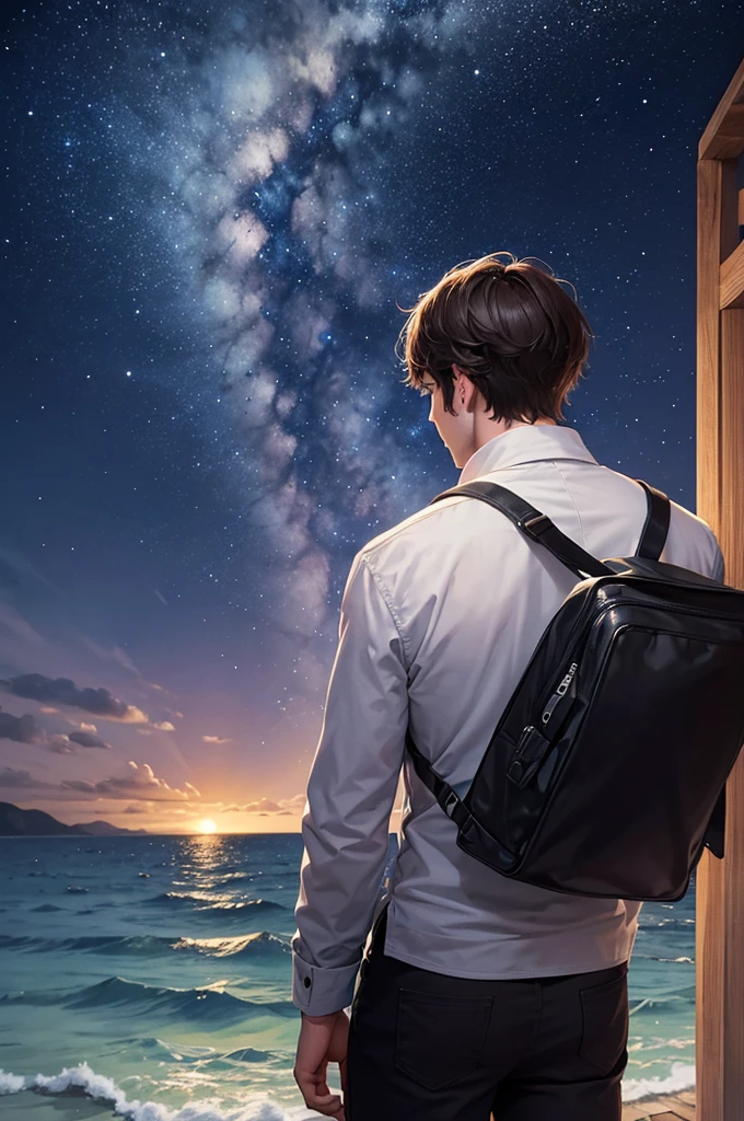 24 year old man looking at the horizon at night, from a perspective of his back 