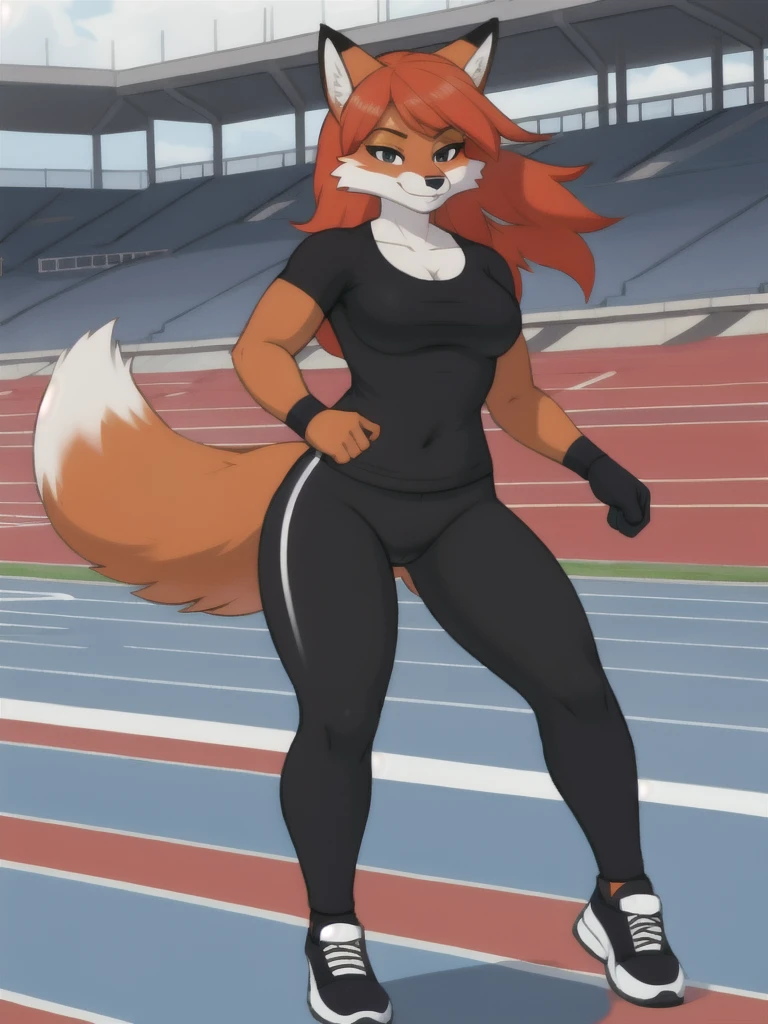 Furry, fox, female, black shirt, black leggings, shoes, running track, solo, full body