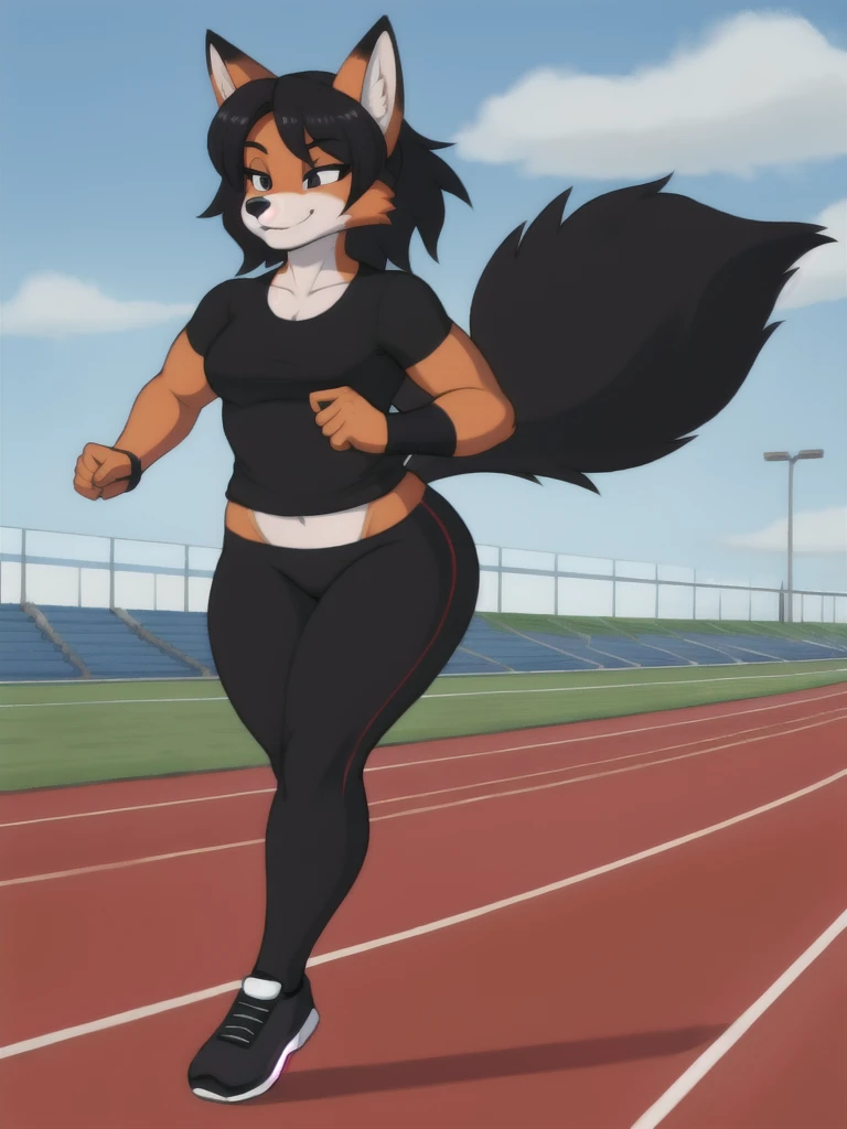 Furry, fox, female, black shirt, black leggings, shoes, running track, solo, full body