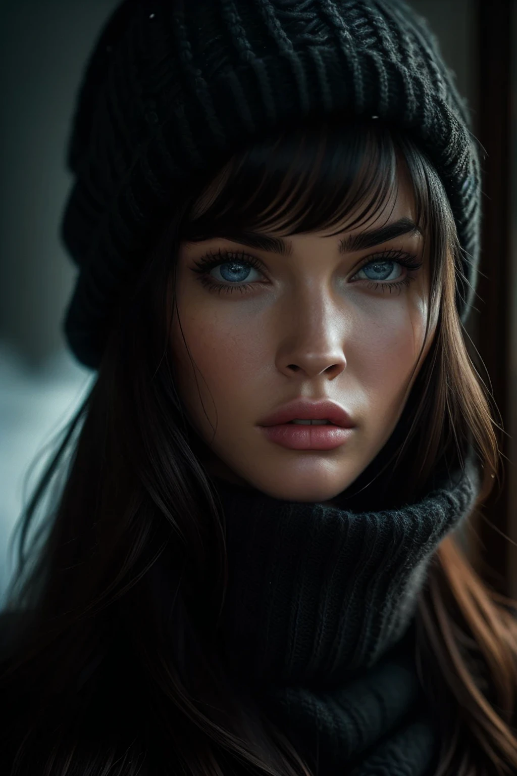 Megan Fox, portrait, ultra detailed Nordic eyes, bangs, knit sweater, winter, (((masterpiece, ultra detailed face))).