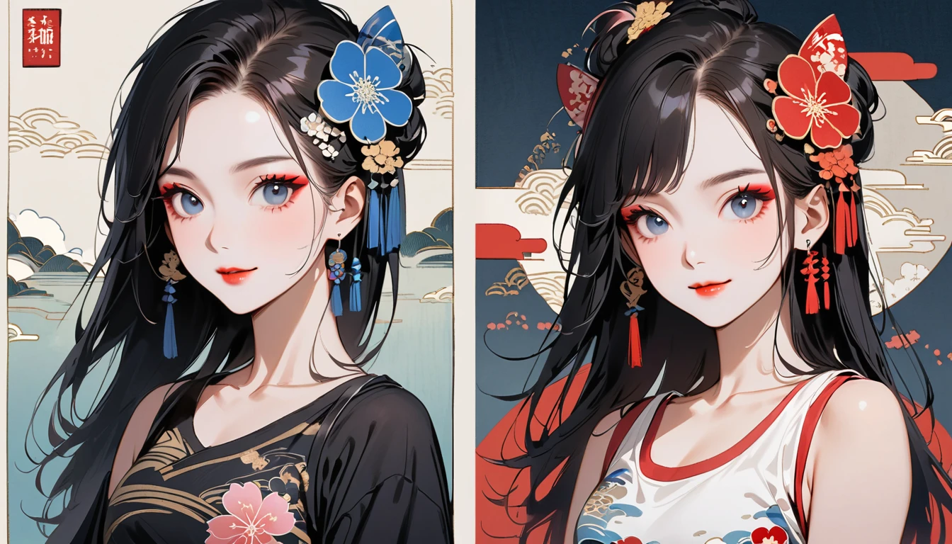 (((Ink Painting))), Fashion portrait color photos, (((twins))), (((Japanese pattern tank top))), (((Very flashy hair accessories))), (((Very flashy makeup))), Japanese style headphones, smile, front view, Japan人の美少女, Black Hair, Delicate and precise, Modern ukiyo-e style,Japan, Japanese flag